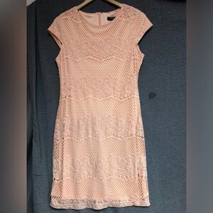 Sharagano 10. Peach dress with cap sleeves and floral and dot lace overlay